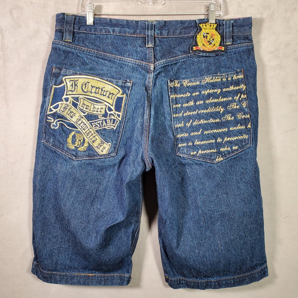 VTG Crown Holder Denim Shorts‎ Mens 38 Blue Embroidered Baggy Y2K Hip Hop Skater